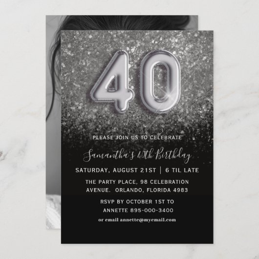 Invitation 40e anniversaire Soie et Parties scintillant noire (Devant / Derrière)
