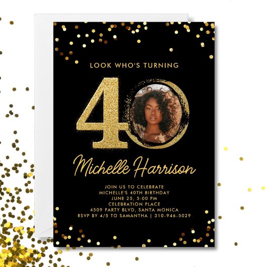 Invitation 40e Anniversaire Soirée Noir Gold Confetti Photo