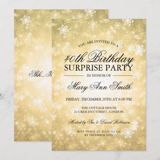 Invitation 40e Anniversaire Surprise Gold Winter Wonderland (Devant / Derrière)