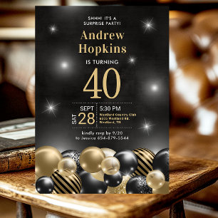 Invitation 40e anniversaire Surprise Party Black Gold Ballons