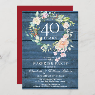 Invitation 40e anniversaire Surprise Party Floral Blue Rustic
