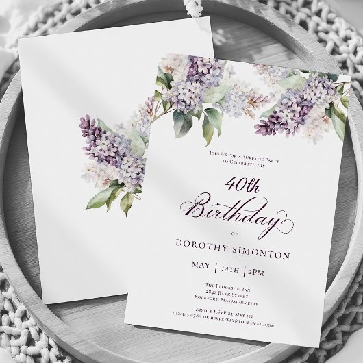 Invitation 40e anniversaire Surprise Party Purple Lilac Fleur