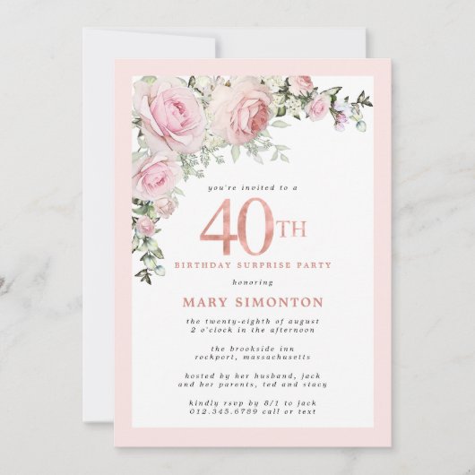 Invitation 40e anniversaire Surprise Party Rose rose Floral (Devant)