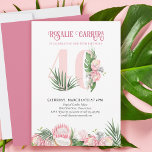 Invitation 40e Anniversaire Tropical Pink Protea Numéro 40<br><div class="desc">40ème anniversaire invitation avec numéro 40 décoré de feuilles de palmiers tropicaux, fleurs de protéa rose et une noix de coco. Design féminin et élégant subtil avec des arrangements floraux aquarelles dans les tons rose et vert. Parfait pour célébrer le 40e anniversaire, la fête du luau ou la fête du...</div>