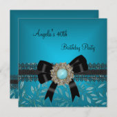 Invitation 40e anniversaire Turquoise bleu floral noir bijou  (Devant / Derrière)