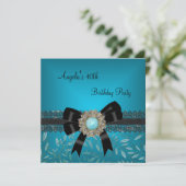 Invitation 40e anniversaire Turquoise bleu floral noir bijou  (Debout devant)