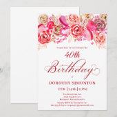 Invitation 40e anniversaire Valentine Rose Rose Coeur Tourbil (Devant / Derrière)