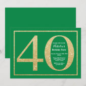 Invitation 40e anniversaire vert et or paillettes (Devant / Derrière)