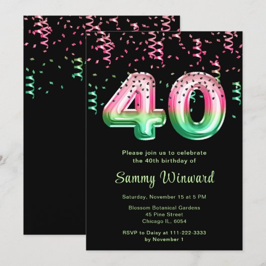 Invitation 40e anniversaire Watermelon Balloons avec Confetti (Devant / Derrière)