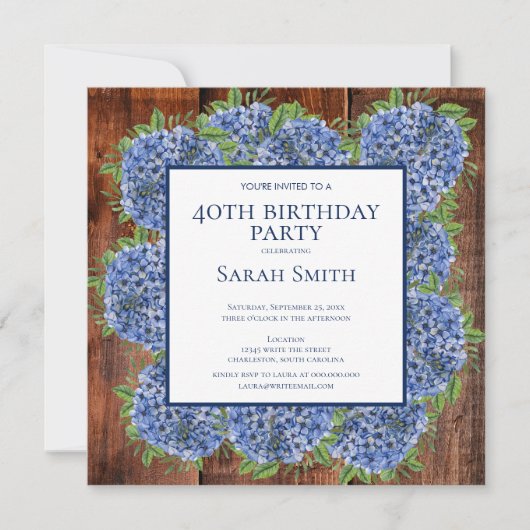 Invitation 40e anniversaire Wood Blue Hydrangeas Rustic Party (Devant)
