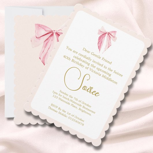 Invitation 40e aquarelle rose élégant Bow d'anniversaire