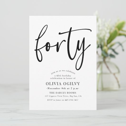 Invitation 40e B&W Anniversaire de fête Typographie de script (Debout devant)