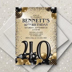 Invitation 40e Ballons Black Gold Anniversaire