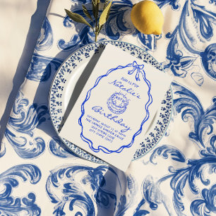 Invitation 40e Blue Bow Hand Drawn Cake Anniversaire