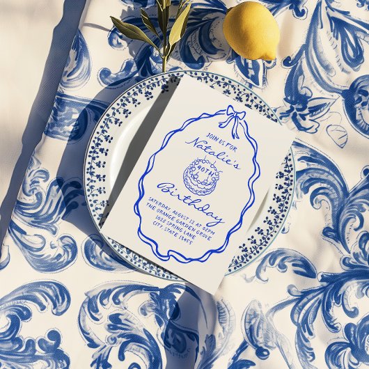 Invitation 40e Blue Bow Hand Drawn Cake Anniversaire