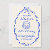 Invitation 40e Blue Bow Hand Drawn Cake Anniversaire (Devant)