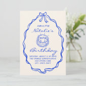 Invitation 40e Blue Bow Hand Drawn Cake Anniversaire (Debout devant)