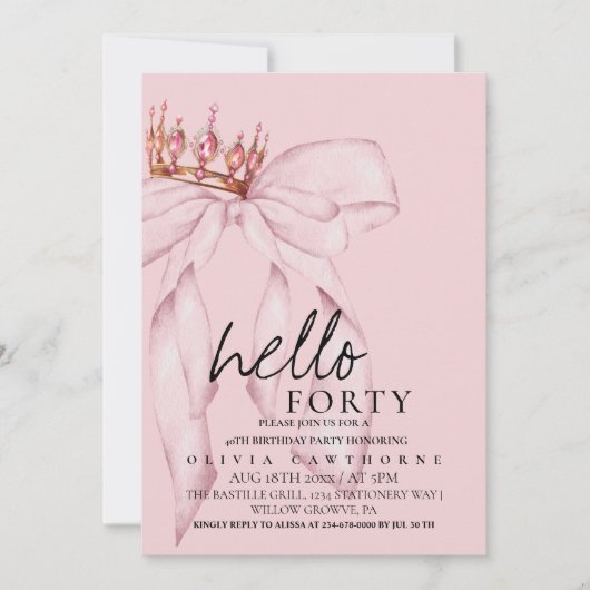 Invitation 40e Dusty Rose Bow Surprise fête d'anniversaire (Devant)