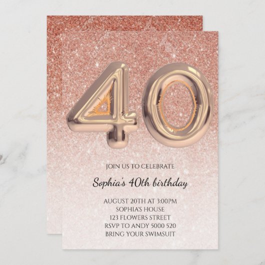 Invitation 40e Femmes Anniversaire Rose Parties scintillant o (Devant / Derrière)