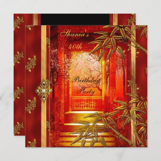 Invitation 40e fête d'anniversaire Asiatique Vue Or Bambou Ro (Devant / Derrière)