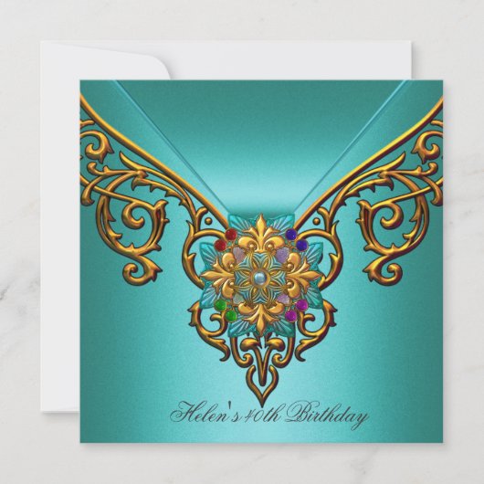 Invitation 40e fête d'anniversaire Bijou d'or bleu Turquoise (Devant)