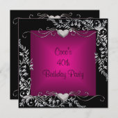Invitation 40e fête d'anniversaire Black Argent Floral rose (Devant / Derrière)