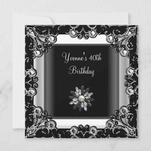 Invitation 40e fête d'anniversaire Black White Crystal Pearl (Devant)