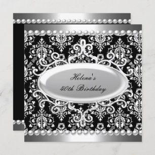 Invitation 40e fête d'anniversaire Black White Damask Pearl