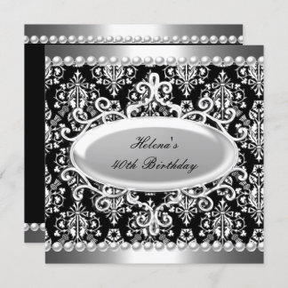 Invitation 40e fête d'anniversaire Black White Damask Pearl