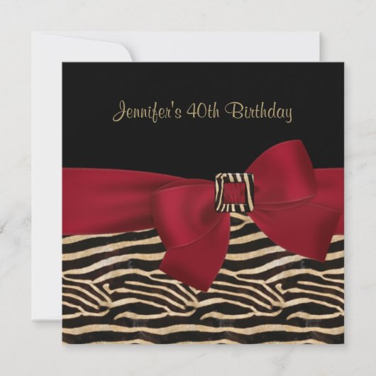 Invitation 40e fête d'anniversaire Black Zebra Stripe Red Bow (Devant)