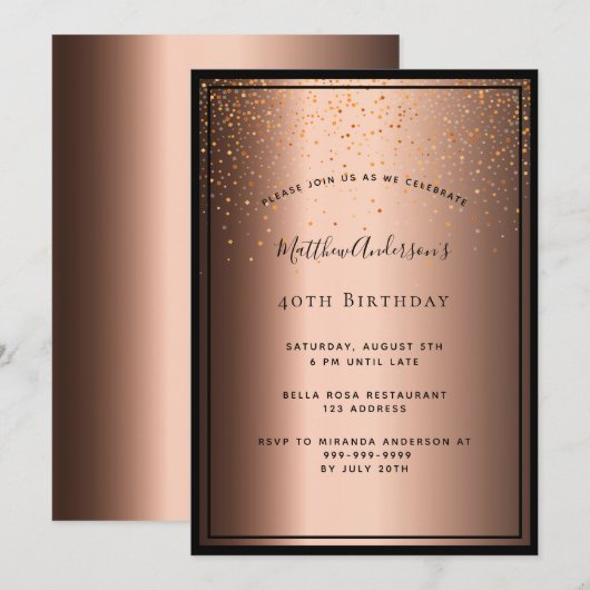 Invitation 40e fête d'anniversaire bronze brun confetti noir (Devant / Derrière)