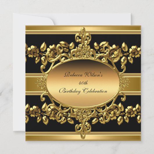 Invitation 40e fête d'anniversaire Elegant Gold Black Floral (Devant)