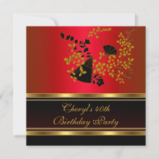 Invitation 40e fête d'anniversaire Floral Red Black Gold moti