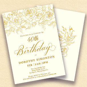Invitation 40e fête d'anniversaire Gold Rose Floral Ivory Whi