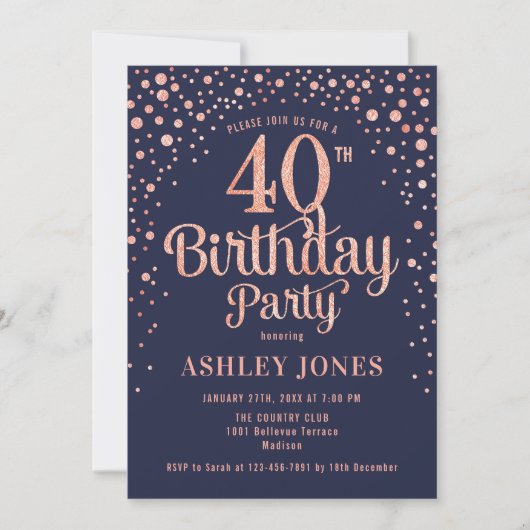 Invitation 40e fête d'anniversaire - Marine & Rose Gold (Devant)
