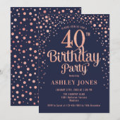Invitation 40e fête d'anniversaire - Marine & Rose Gold (Devant / Derrière)