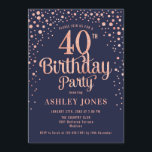 Invitation 40e fête d'anniversaire - Marine & Rose Gold<br><div class="desc">Invitation à la fête du 40e anniversaire. Design élégant en bleu marine et faux parties scintillant rose or. Comprend des polices de caractères et des confettis stylisés. Message-moi si vous avez besoin d'âge personnalisé.</div>