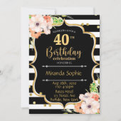 Invitation 40e fête d'anniversaire noire blanche rayure rose (Devant)