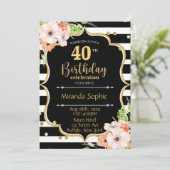 Invitation 40e fête d'anniversaire noire blanche rayure rose (Debout devant)