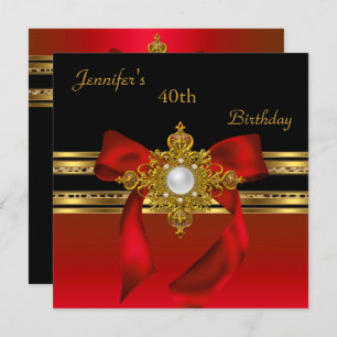 Invitation 40e fête d'anniversaire Red Gold Pearl Jewel Red B