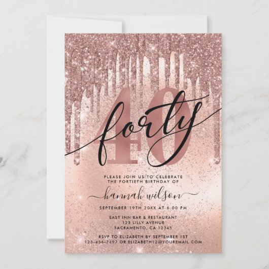 Invitation 40e fête d'anniversaire Rose Parties scintillant d (Devant)