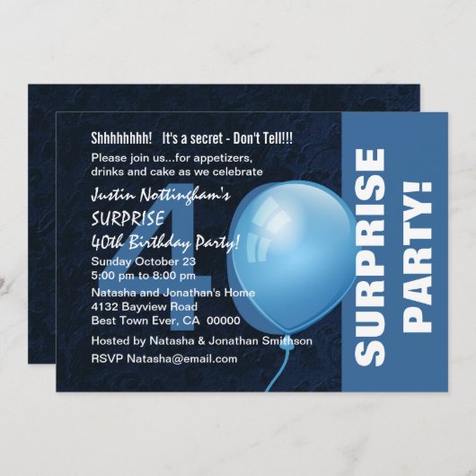 Invitation 40e Fête d'anniversaire SURPRISE Teintes bleues mo (Devant / Derrière)