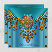 Invitation 40e fête d'anniversaire Turquoise Bijou d'or bleu (Devant / Derrière)