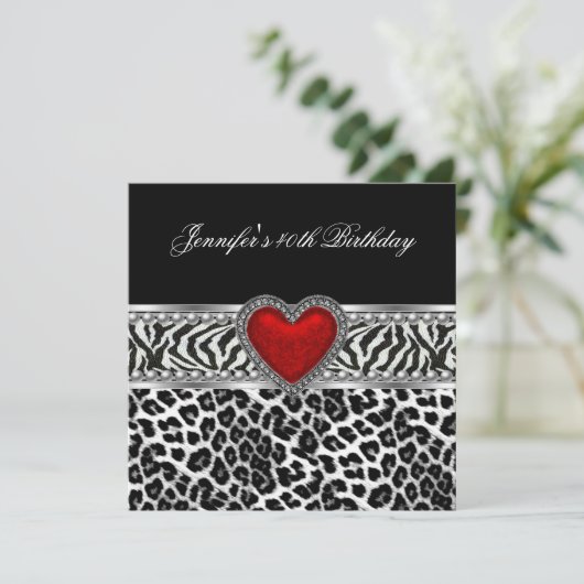 Invitation 40e fête d'anniversaire Zebra noir blanc léopard r (Debout devant)