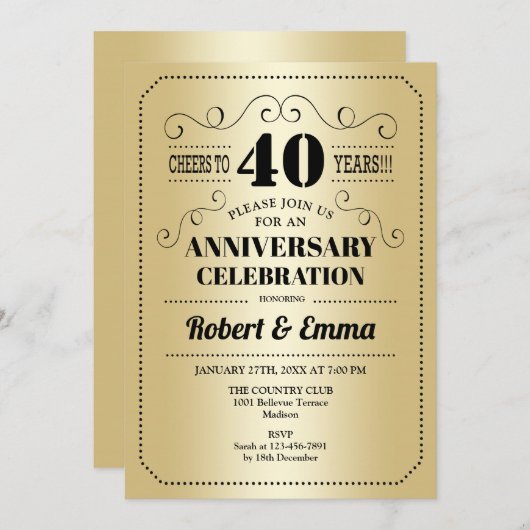 Invitation 40e fête du Mariage - Black or (Devant / Derrière)