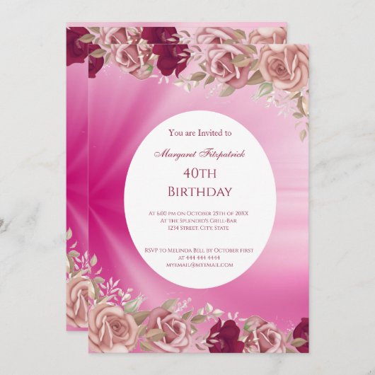 Invitation 40e Fleurs Roses Roses Roses Roses Roses Rouge (Devant / Derrière)