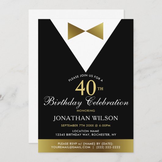 Invitation 40e Invitations, Black Gold Tuxedo Anniversaire (Devant / Derrière)
