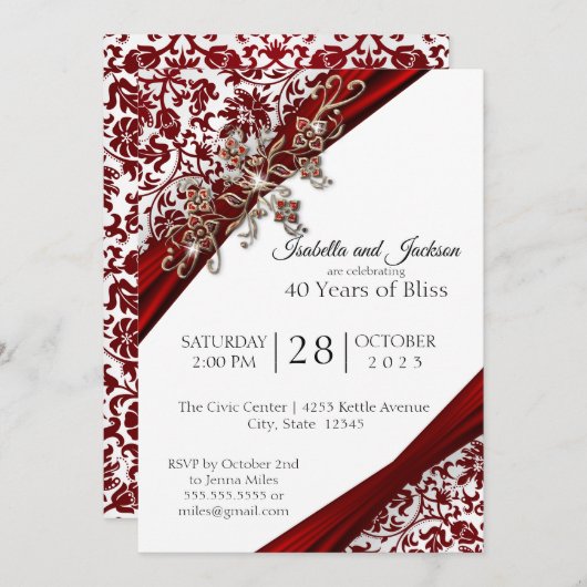 Invitation 40e modèle d'anniversaire de mariage Fleurs rubis (Devant / Derrière)