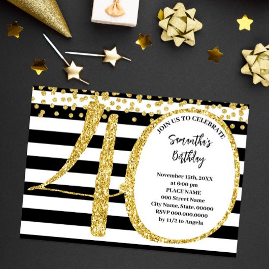 Invitation 40e Parties scintillant Black White et Gold modern