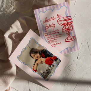 Invitation 40e photo Champagne couleur rose dessinée Annivers